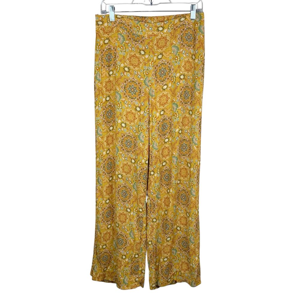 En Creme Pants Yellow Floral Boho Straight Leg Elastic Waist Vacation Women's M